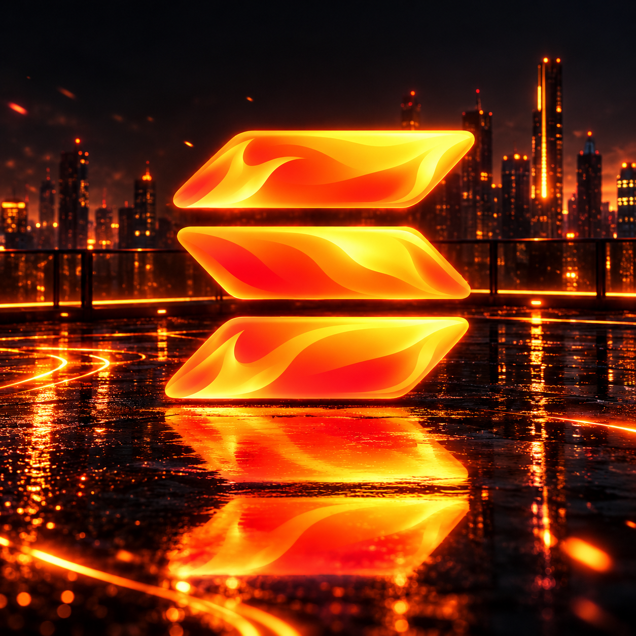 HOTSol emblem reflected across a neon city rooftop at night