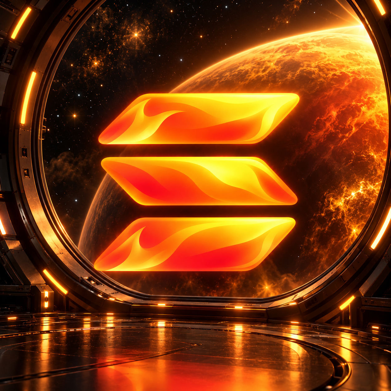 HOTSol emblem inside an orbital station overlooking a glowing planet